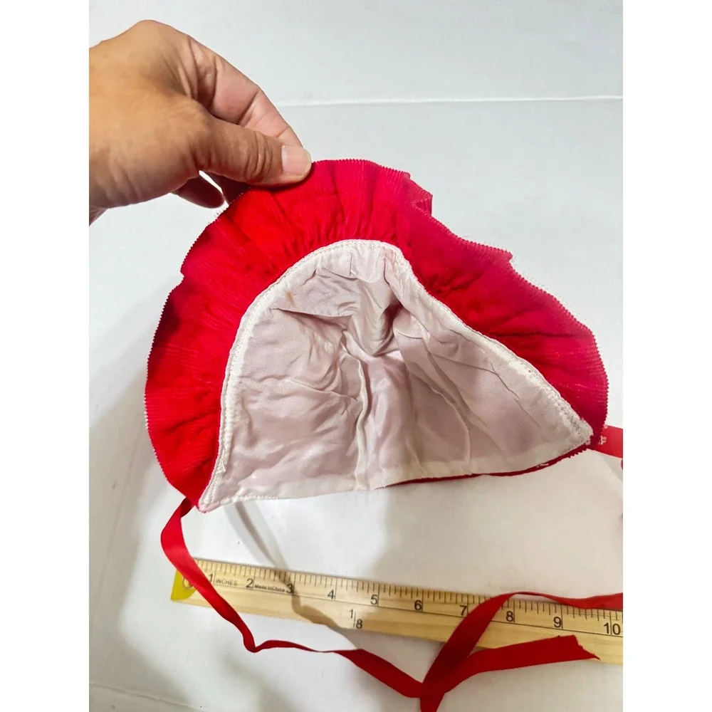 Vintage Red Corduroy Baby Bonnet‎ Lace Trim Ruffle Ribbon Tie Infant Sun Hat